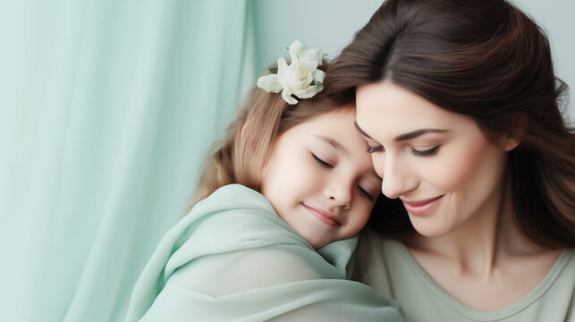 A tender close up photo of a mother and her daughter embracing. Concept of  Mother's Day, parenting, motherhood and maternity