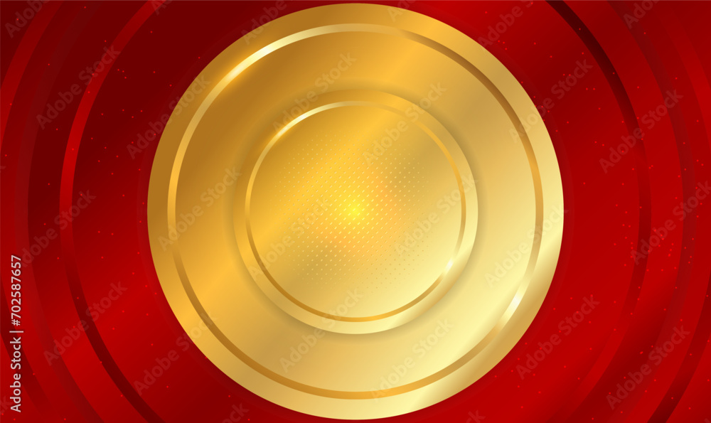 Sticker luxury 3d gold circle frame overlap layers on red circle background. luxury elegant background with 