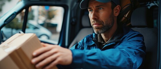 Handsome delivery man sending parcel box to customer, mail postman courier, shipment concept.