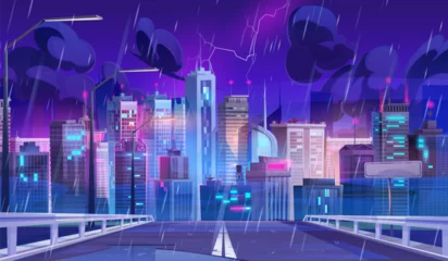 Rollo Road leads to futuristic night city with multistorey buildings and signboards with neon lights under rain with lightning. Cartoon vector rainy cityscape of future cyber high technology downtown. © klyaksun