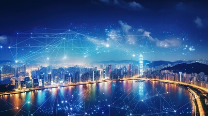 Smart city and intelligent communication network, night city, wireless connection technology concept, future technology concept