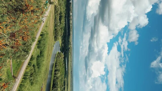 Picturesque view of the Kama River from the observation deck at the Yelabuga settlement. The movement of clouds over the river. Lower Kama National Park. Yelabuga, Republic of Tatarstan, Russia, 4K