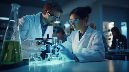 Young Male and female scientists in white lab coats examining a test tube. Laboratory background white. ultra realistic. high quality image.