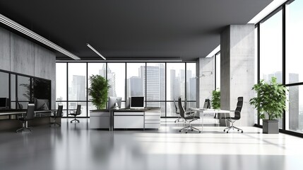 Fototapeta premium Contemporary office interior, bright with windows and city views. armchair, workplace and equipment.minimalist design
