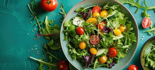 Fresh organic salad with tomatoes, cucumber, and greens. Healthy food and lifestyle. - obrazy, fototapety, plakaty