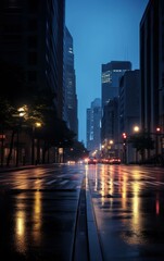 Scene of a Still Urban Avenue at Night