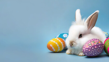 lapin blanc de pâques avec œuf peint décoré coloré sur fond bleu avec espace de copie. Concept de vacances de Pâques et chasse aux oeufs en chocolat - obrazy, fototapety, plakaty