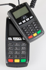 Credit card POS terminal bank isolated on grey background payment device card machine