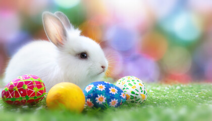 lapin de pâques blanc avec œuf en chocolat peint sur herbe et fond coloré avec espace de copie. Concept de fête et vacances de Pâques et chasse aux œufs en chocolat