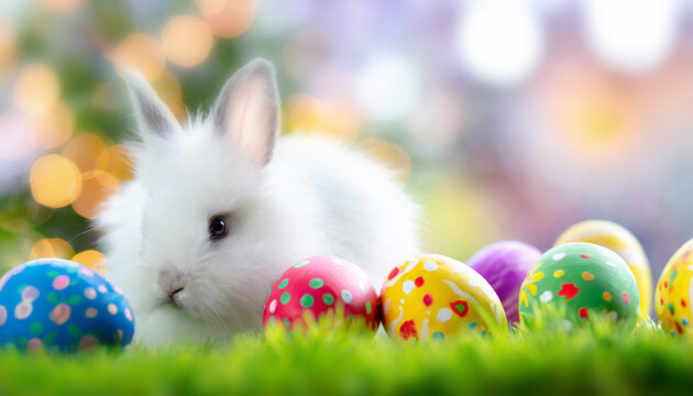 p&acirc;ques lapin blanc, &oelig;uf peint d&eacute;cor color&eacute;, concept de f&ecirc;te et vacances de P&acirc;ques