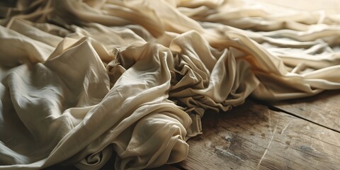 Fabric silk cotton cloth discarded on a wooden floor decorated background - generative ai