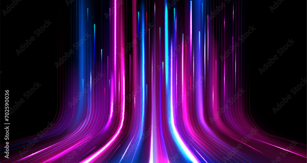 Wall mural neon light speed effect. vector realistic illustration of blue, pink, white lines moving upward on b