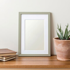empty frame on the wall with plant mockup concept 