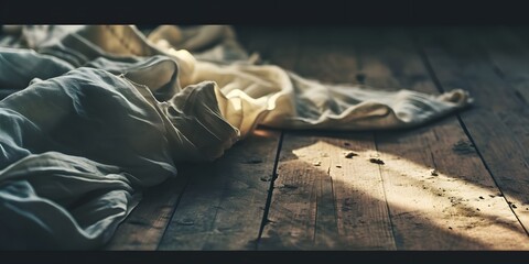 Fabric silk cotton cloth discarded on a wooden floor decorated background - generative ai