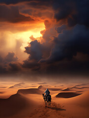 Fototapeta na wymiar camel in the desert at sunset with dramatic clouds