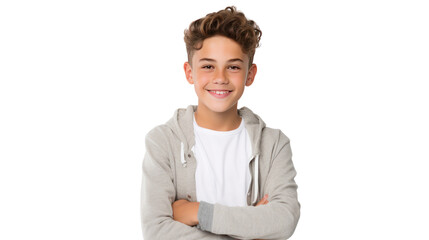 Happy young caucasian boy in casual outfit with arms crossed isolated on transparent and white background.PNG image.