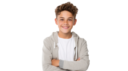 Happy young caucasian boy in casual outfit with arms crossed isolated on transparent and white background.PNG image.