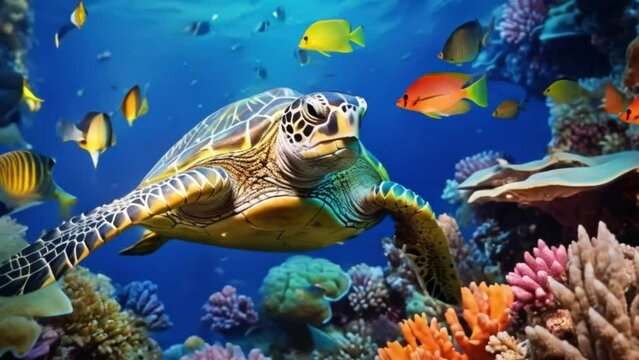 a turtle swims on coral in the Sea, a turtle swims under the sea