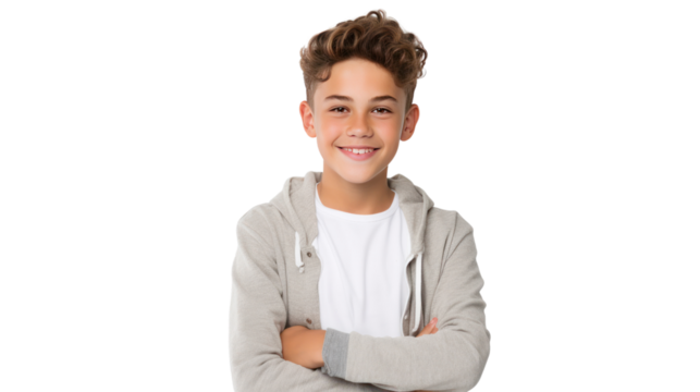 Happy young caucasian boy in casual outfit with arms crossed isolated on transparent and white background.PNG image. - Powered by Adobe