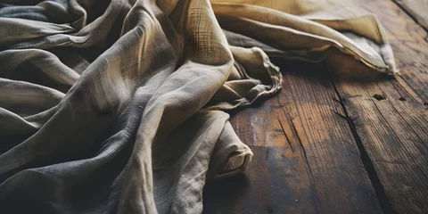 Zelfklevend Fotobehang Fabric silk cotton cloth discarded on a wooden floor decorated background - generative ai © Lukasz Czajkowski