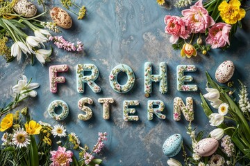 Florale Ostergrüße mit Eiern und "FROHE OSTERN" Schriftzug