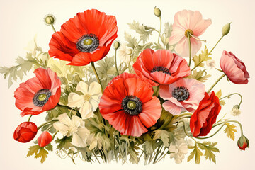 Bouquets of poppies of various shades and sizes For spring themed art