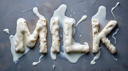 Creative Milk Typography with Dripping Liquid on Gray Surface