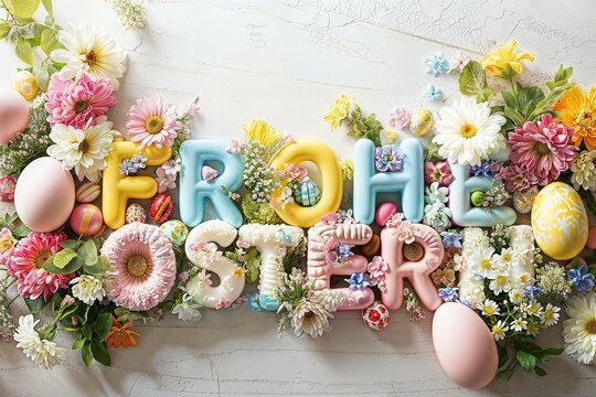 Bunte Osterdekoration mit Blumen und Eiern, Text "FROHE OSTERN"