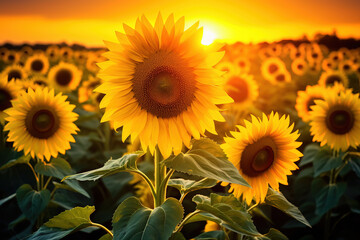 Sunflowers in the warm sunlight during golden hour
