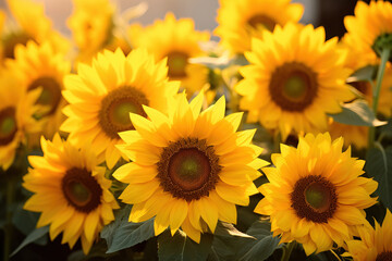Fototapeta premium Sunflowers in the warm sunlight during golden hour
