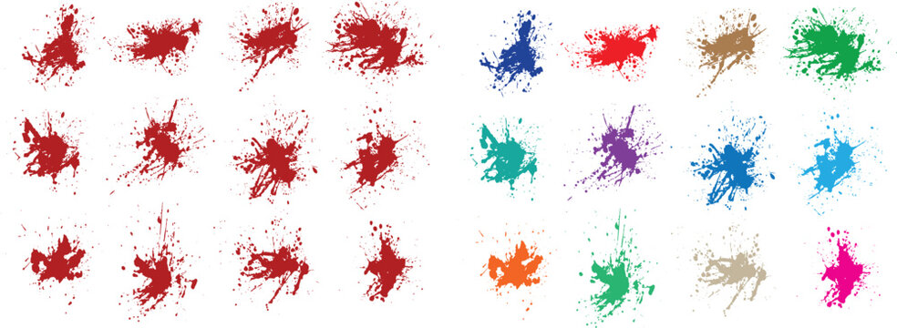 Abstract splatter paint ink orange, black, red, green, wheat, purple color grunge brush stroke vector collection