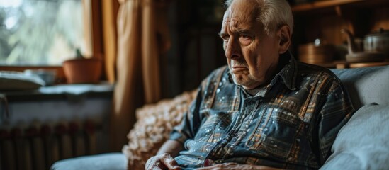 Elderly man with stomach pain due to dehydration - obrazy, fototapety, plakaty