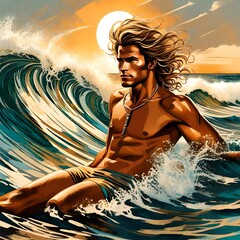 illustration of a handsome young surfer man with long blonde hair in the ocean - obrazy, fototapety, plakaty