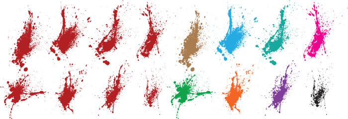 Splatter texture scary paint green, red, black, orange, purple, wheat color splashes vector illustration background set