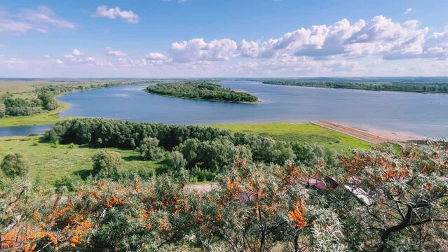 Picturesque view of the Kama River from the observation deck at the Yelabuga settlement. The movement of clouds over the river. Lower Kama National Park. Yelabuga, Republic of Tatarstan, Russia, 4K