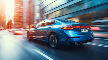 Fototapeta na wymiar Blue sedan car speeding on the street, motion blurred background.