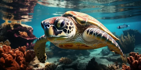 Tuinposter Sea Turtle and Coral Reefs © sitifatimah