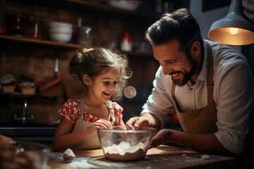 happy photo of father and son cooking together in the kitchen  - obrazy, fototapety, plakaty