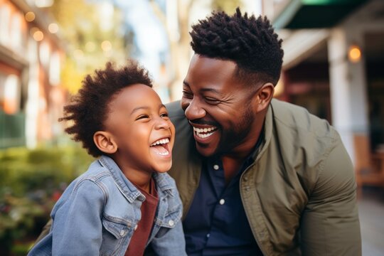 A photo of a father laughing together with his child.