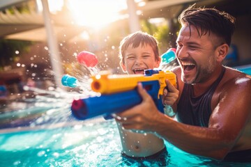 Parent and child having fun in the pool with playing water gun