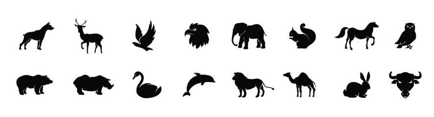 Wild animals black silhouettes set with lion elephant swan squirrel and camel vector isolated illustration
