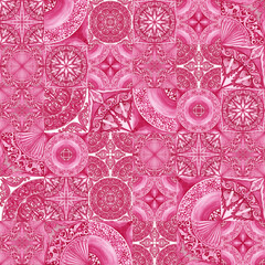 Design of ceramic tiles in pink tones. Sicilian seamless pattern. Watercolor background in Baroque style. Handmade royal decoration. Mediterranean Italian print.