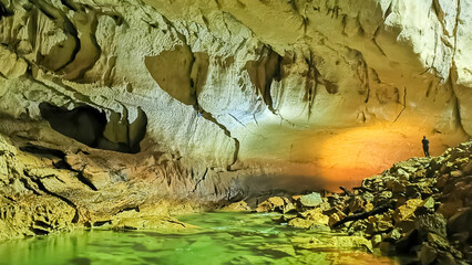 Massive chamber with plank walk trail in Clear Water Cave, Mulu National Park, Sarawak, Malaysia