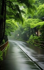 Picture of a Peaceful Japanese Countryside Road in the Rain