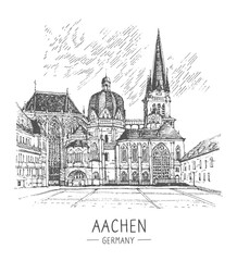 Vector sketch illustration of Aachen Cathedral, Germany. One of the oldest cathedrals in Europe, old town. Line art drawing, ink pen on paper. Hand drawn. Urban sketch, black color on white background