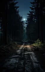 Eerie Forest Road at Night