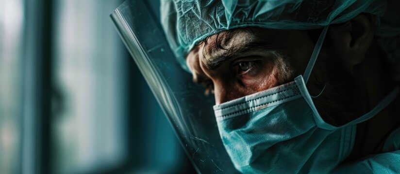 A tired healthcare worker, battling the mental toll of the Covid-19 pandemic, with face scars from wearing protective gear and experiencing a mask shortage, is overwhelmed with work.