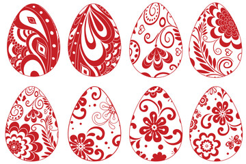Festive set of decorated Easter red monochrome eggs on transparent background. Isolated. Vector image