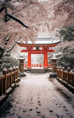 Photograph of a gentle Kyoto temple during a light snowfall