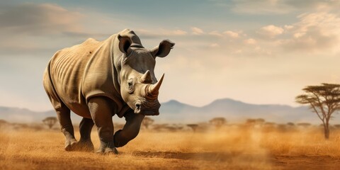Majestic Rhino on Savannah Plains - obrazy, fototapety, plakaty